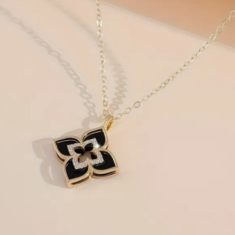 Black Diamond Flower Elegant Gold Toned Necklace - Picture 3 of 5